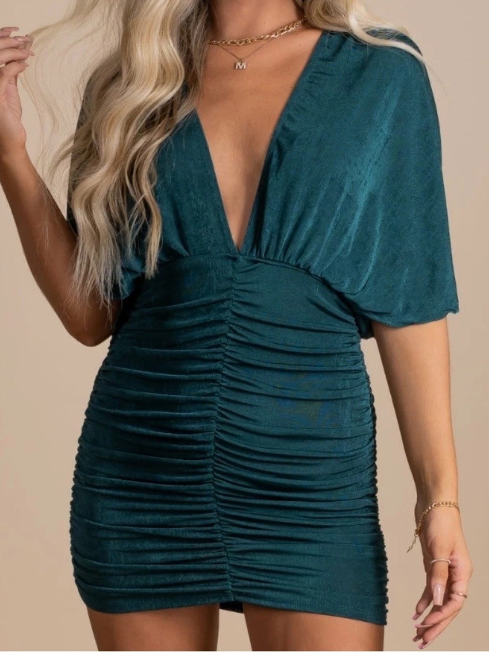 Lux LA Dark Green Ruched V-Neck Mini Dress